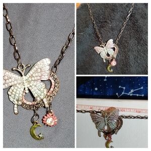 Butterfly Pendant Necklace with Moon Charm